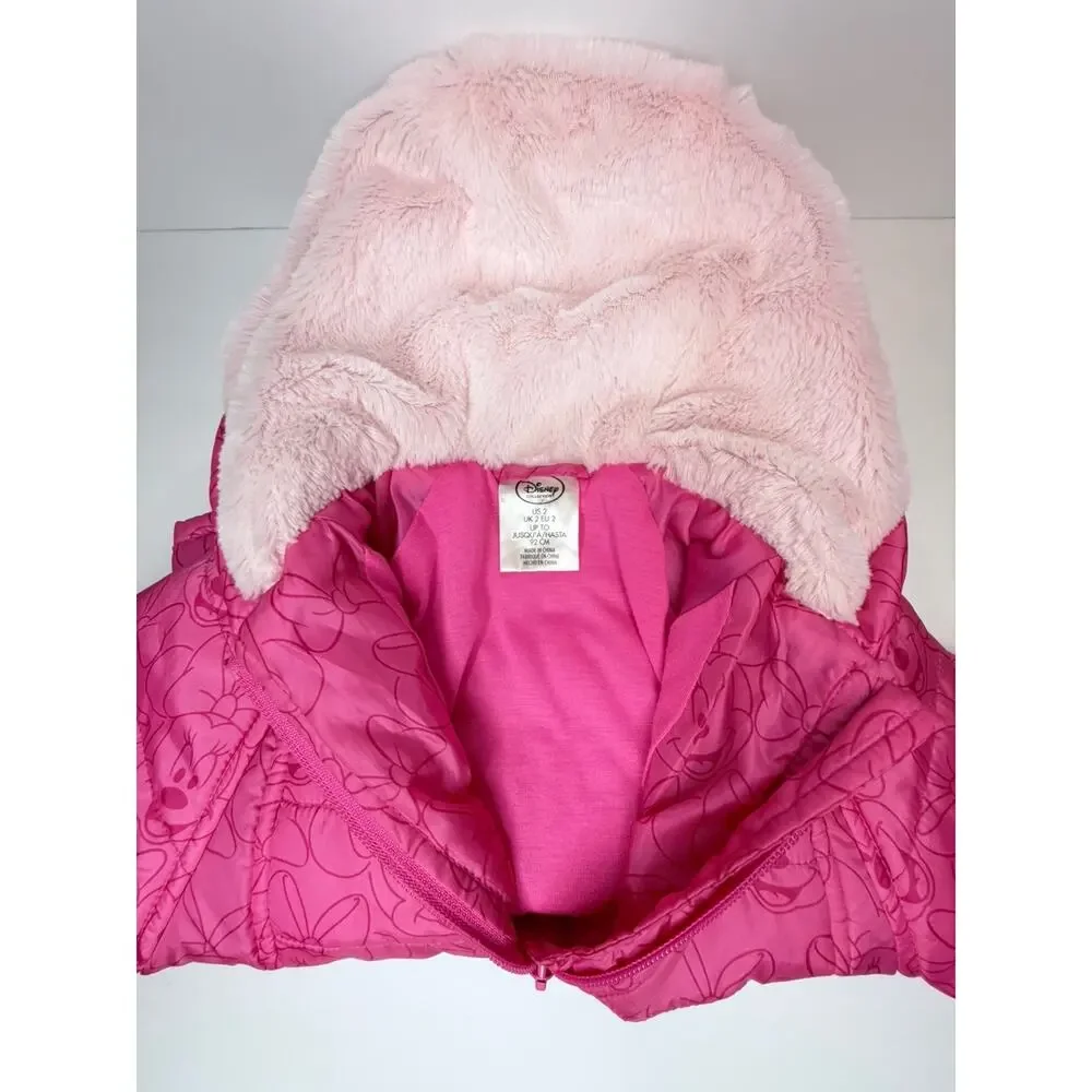 Disney Collection Minnie Mouse All Over Print Hooded Puffer Jacket Pink Sz 2